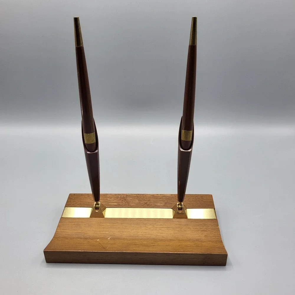 Vintage Double Pen Desk Set Wood Brass MCM Office Decor Brown